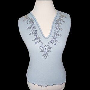 Y2K FANG Light Blue Tank Top Shirt‎ Sleeveless Vneck Glitter Lettuce Hem Sz M